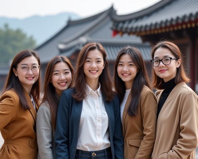 The friendly team of Gyeongju Pathfinders guides smiling in front of a traditional Korean building.