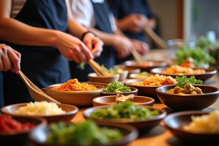 Participants learning to cook traditional Korean food in a Silla-style cooking class.