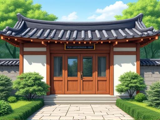 The welcoming entrance to the Gyeongju Pathfinders office in a traditional building.